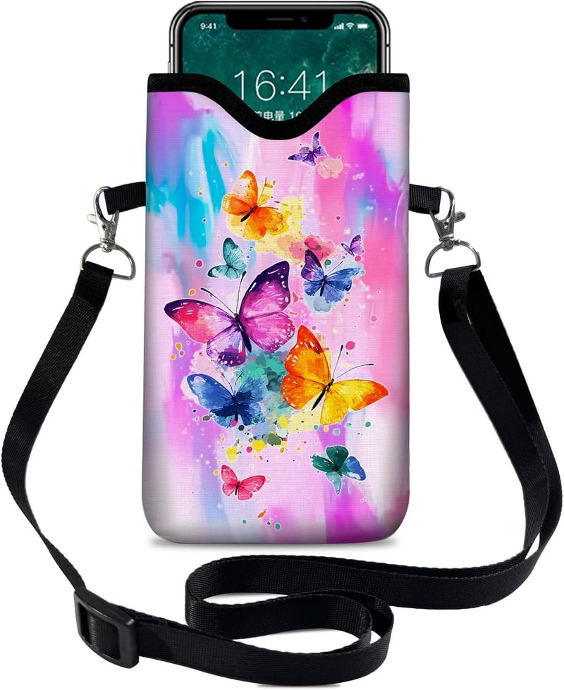 otilil Neoprene Cell Phone Sleeve Pouch Case Bag with Crossbody Strap Neck Lanyard for Women 7.1 X 3.9 in Tie Dye Butterfly - Image 1